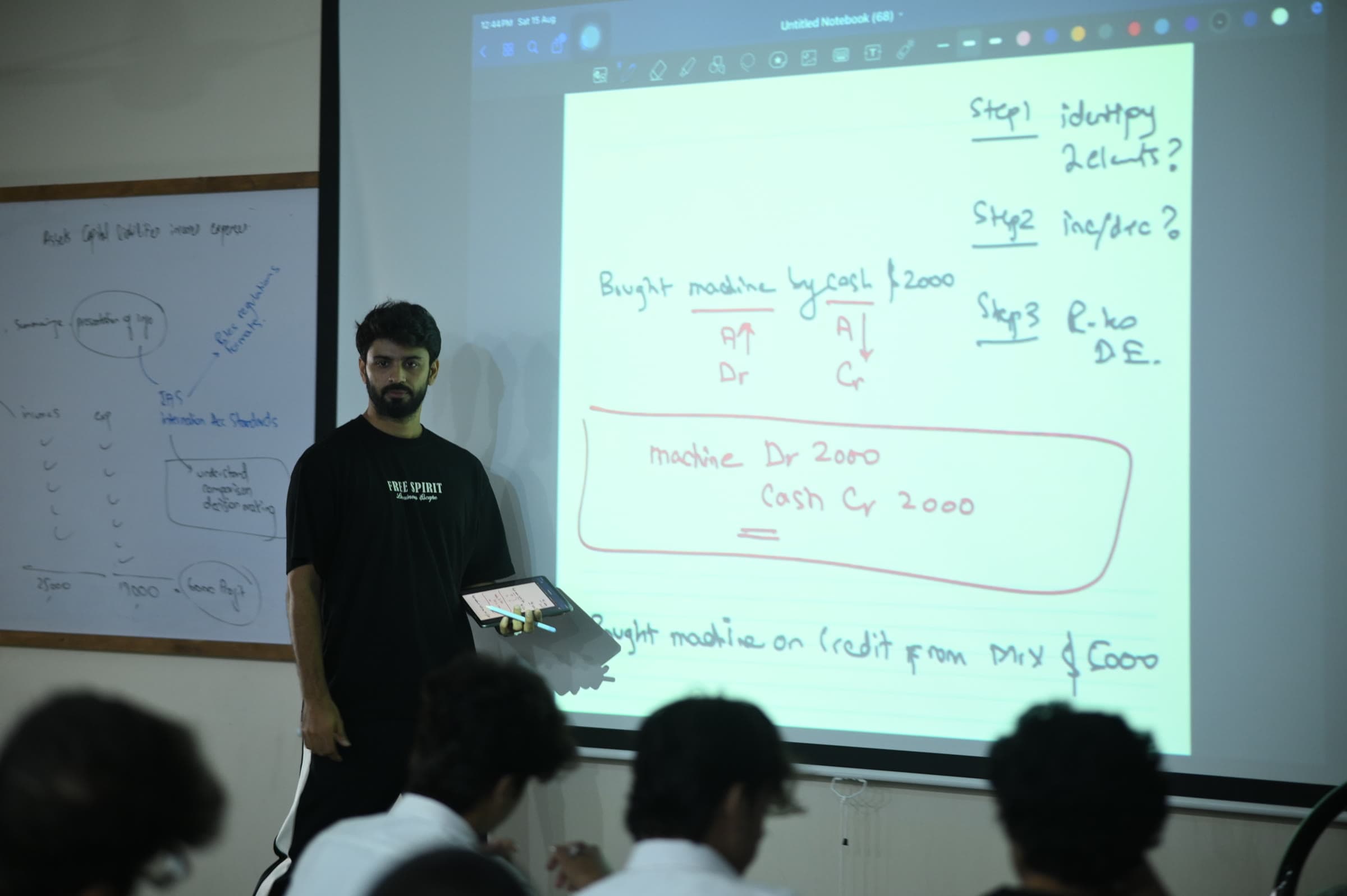Rohail Ahmed teaching a class, tablet in hand, with a double entry worked example projected behind him